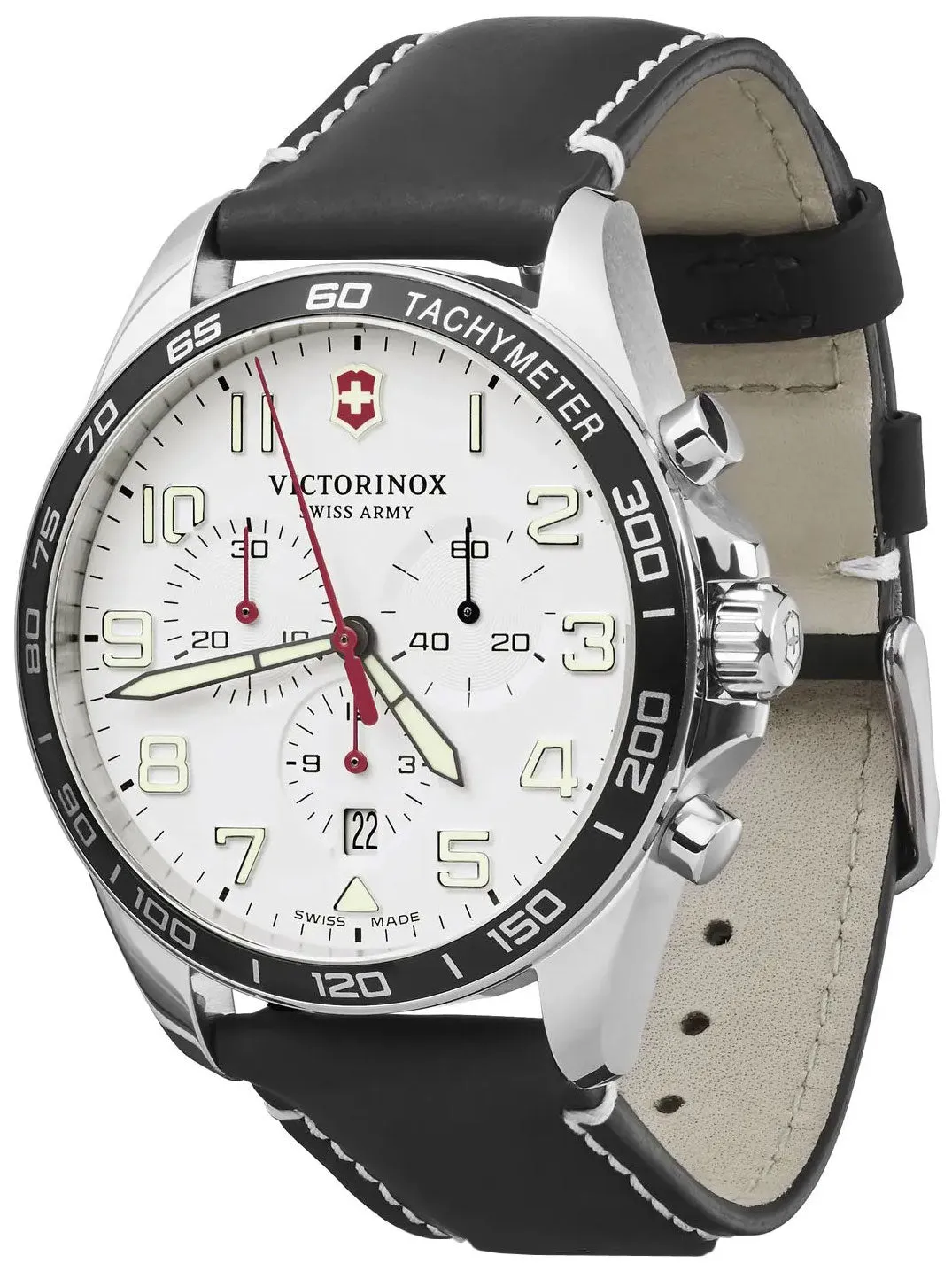 Victorinox Swiss Army FieldForce Chronograph Stainless Steel Black Leather White Dial Date Mens Watch 241853