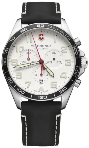 Victorinox Swiss Army FieldForce Chronograph Stainless Steel Black Leather White Dial Date Mens Watch 241853