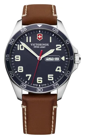 Victorinox Swiss Army Fieldforce Stainless Steel Blue Dial Brown Leather Strap Day/Date Quartz Mens Watch 241848