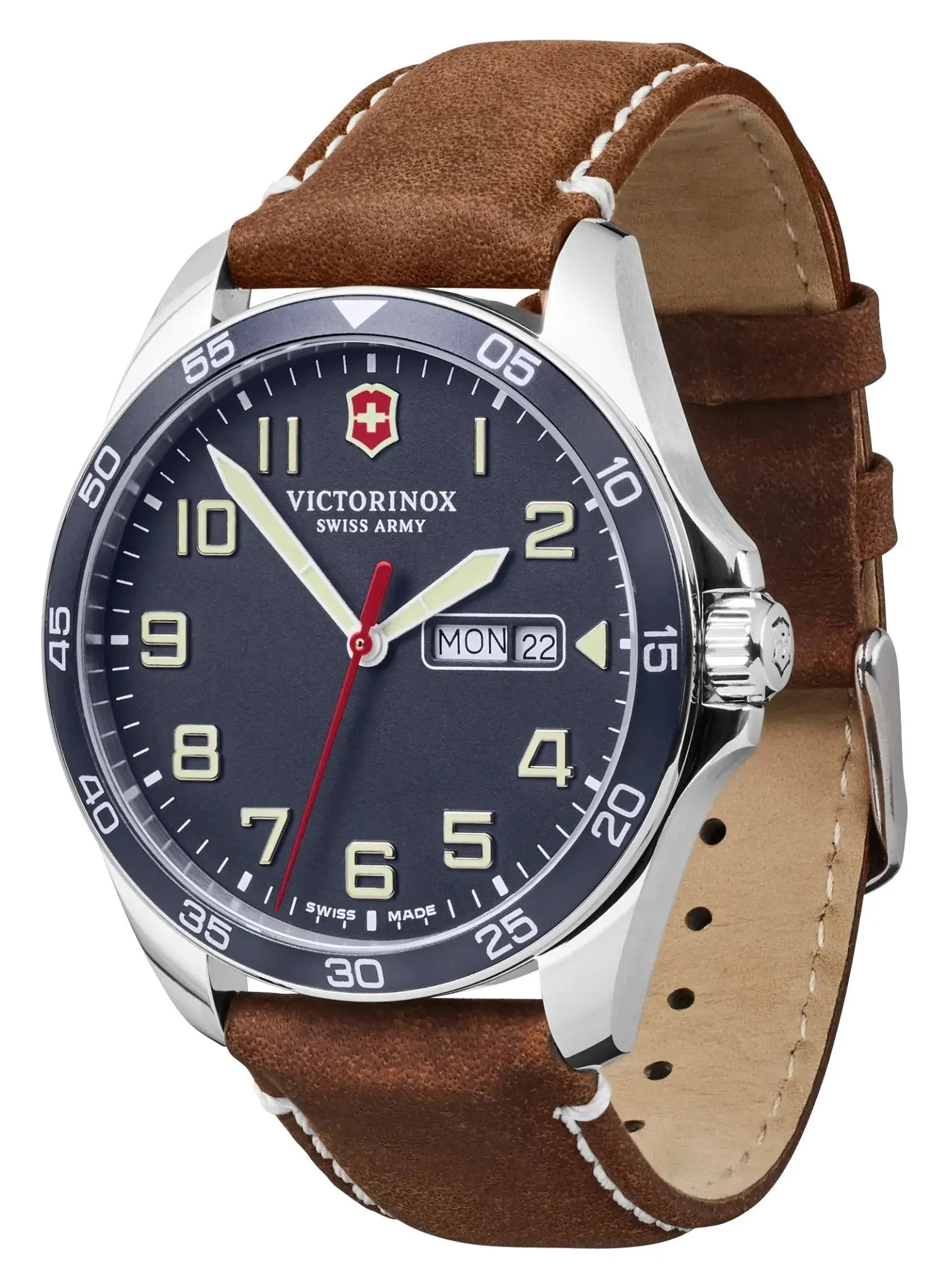 Victorinox Swiss Army Fieldforce Stainless Steel Blue Dial Brown Leather Strap Day/Date Quartz Mens Watch 241848