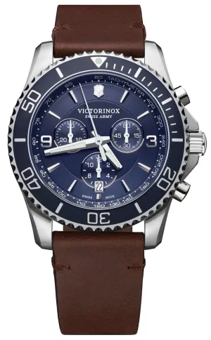 Victorinox Swiss Army Maverick Chronograph Stainless Steel Brown Leather Blue Dial Date Mens Watch 241865