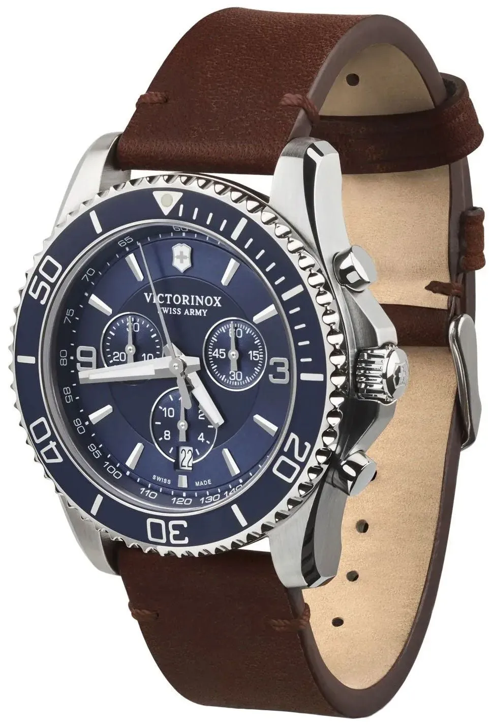 Victorinox Swiss Army Maverick Chronograph Stainless Steel Brown Leather Blue Dial Date Mens Watch 241865