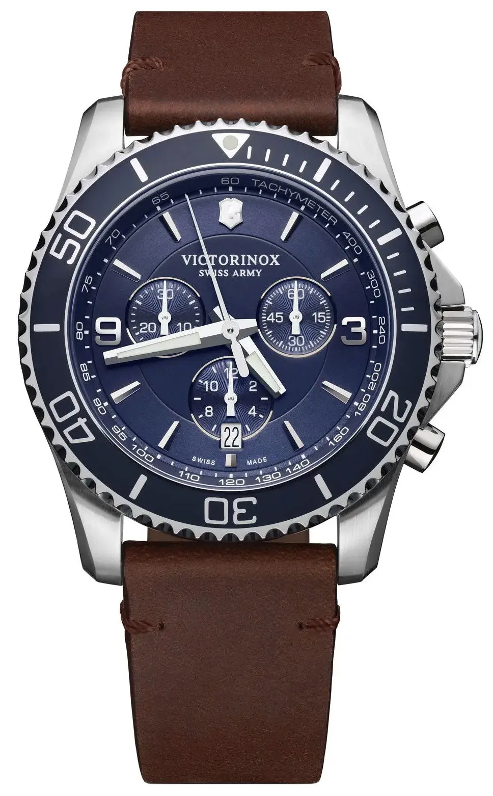 Victorinox Swiss Army Maverick Chronograph Stainless Steel Brown Leather Blue Dial Date Mens Watch 241865