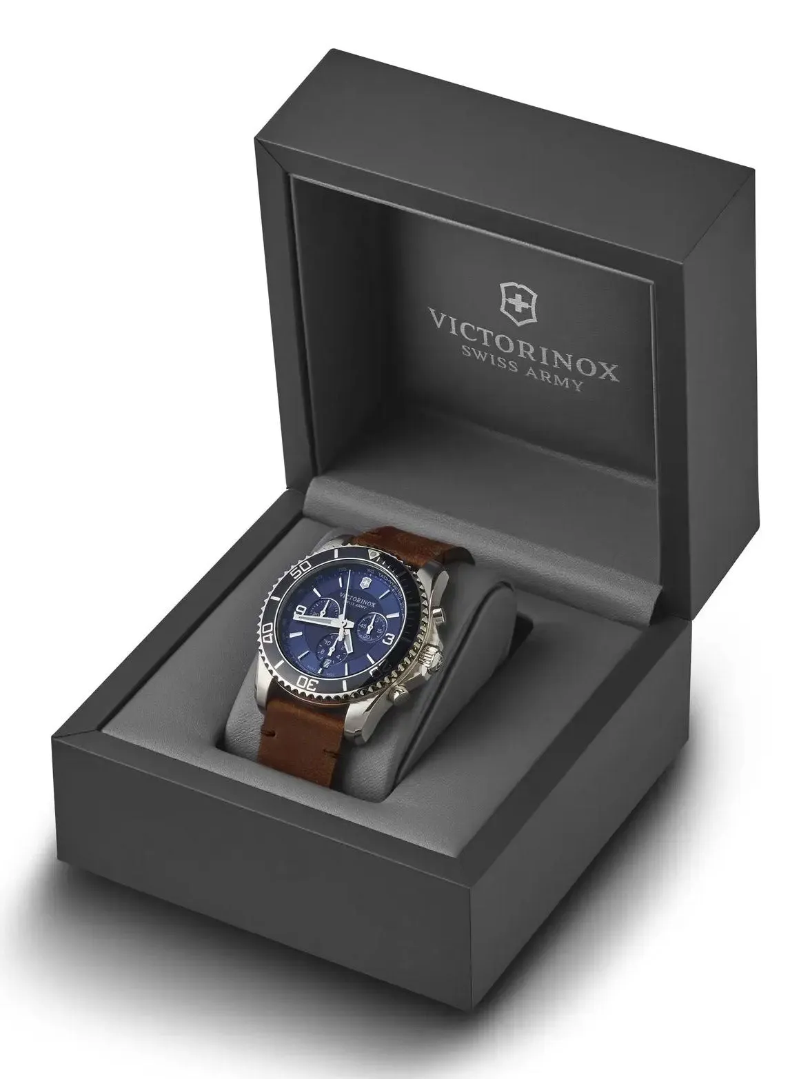 Victorinox Swiss Army Maverick Chronograph Stainless Steel Brown Leather Blue Dial Date Mens Watch 241865