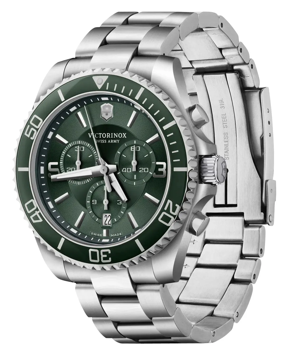 Victorinox Swiss Army Maverick Chronograph Stainless Steel Green Dial Date Quartz Mens Watch 241946